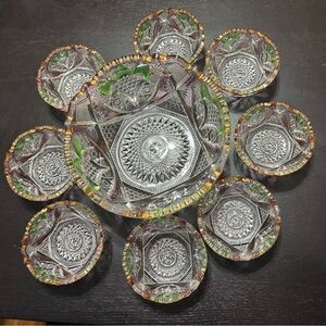 Lovely Crystal Vintage Berry Bowl Set with Gold Trim -  Green & Gold Accents